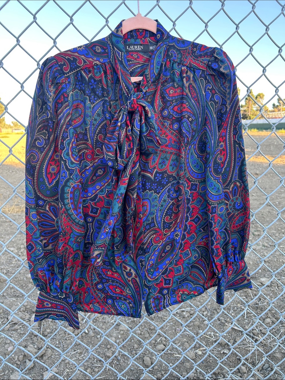 Lauren Ralph Lauren equestrian blue red & purple Paisley Tie-Neck Blouse